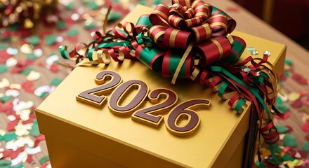 A festive golden gift box adorned with a vibrant bow and the year 2026, set against a backdrop of colorful confetti, symbolizing celebration and anticipation for the upcoming year