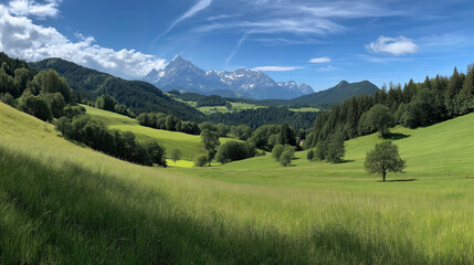Obraz premium Expansive green meadow with scattered trees leading to a distant mountain range under a vast blue sky