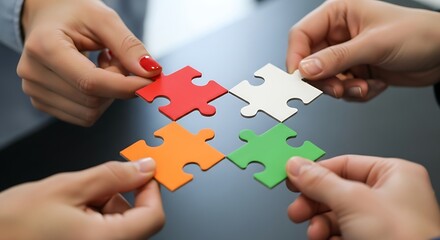 Four hands connecting colorful jigsaw puzzle pieces, symbolizing teamwork, collaboration, and problemsolving in a business or organizational setting, closeup view