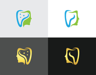 Dental care logo with tooth and profile of a woman in blue green and gold vector template health