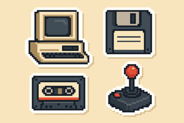 Retro Pixel Art Computer Floppy Disk Cassette Tape and Joystick Icons Set on Cream Background