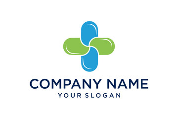 Modern Medical Cross Logo Formed by Intertwined Blue and Green Capsule Pills for Healthcare and Pharmacy Branding