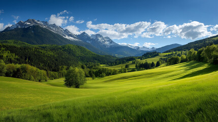 Obraz premium Lush green rolling hills and meadows bathed in sunlight, with majestic snowcapped mountains in the background under a clear blue sky with fluffy clouds
