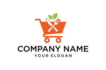 Shopping Cart Logo with Fork, Knife, and Green Leaves for Food and Grocery Business