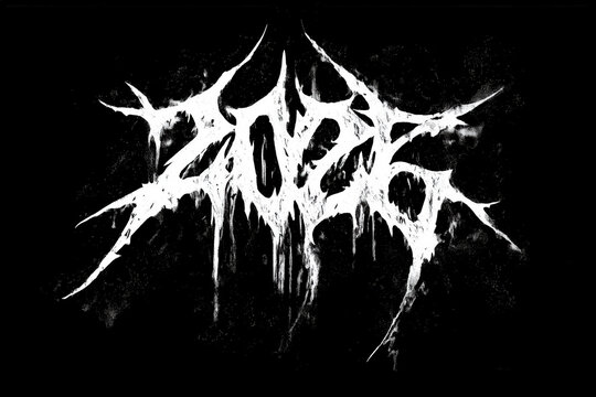 celebrate 2026 with black metal numbers on black background for new years eve, silvester, lightning, unreadable too, illustrated