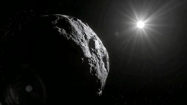 Asteroid orbiting distant bright star in deep space with rocky surface and glowing horizon