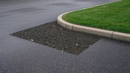 Obraz premium A section of asphalt pavement with an inset area filled with small gravel, bordered by a concrete curb and adjacent to a grassy lawn.