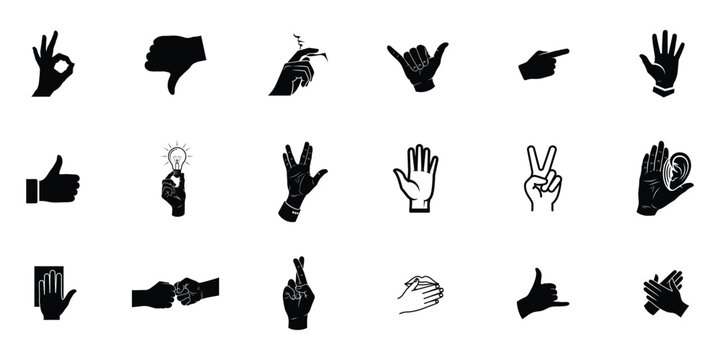 Hand sign glypy icon set,OK Hand Sign, Thumbs Down, Hand Holding Cigarette, Shaka Sign, Pointing Finger, Open Palm, Thumbs Up, Hand Holding Lightbulb, Vulcan Salute, Peace Sign, vector silhouette