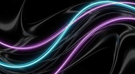 Abstract flowing lines on dark background. Vibrant neon glowing streaks. Modern digital artwork. Smooth wavy shapes. Futuristic light trails