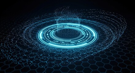 Futuristic glowing blue digital portal with data stream over dark hexagonal grid background, representing advanced technology, cyberspace, and innovation