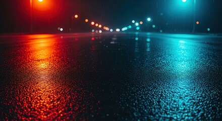 Rainy street at night with colorful neon light reflections on wet asphalt. Urban background with bokeh. Vibrant city illumination