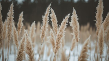 Fototapeta premium Field of tall beige pampas grass with snow on the ground and dark trees in the background. Nature and winter landscape scene.