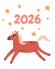 Vector illustration with Horse, symbol of 2026 year according Chinese calendar. Print design with animal for greeting cards, posters, banners. Year of the Horse. Happy Chinese New year.