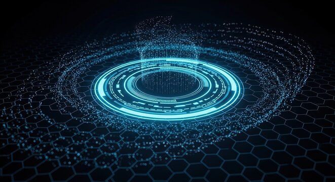 Futuristic glowing blue digital portal with data stream over dark hexagonal grid background, representing advanced technology, cyberspace, and innovation