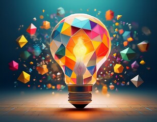 glowing lightbulb with abstract floating geometric shapes representing modern creativity and ideas