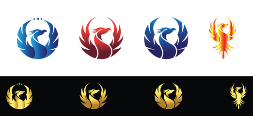 Collection of stylized phoenix bird logos in various colors and backgrounds vector template symbol