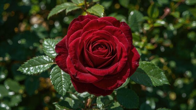 Close-up of a deep red rose with green leaves around it.