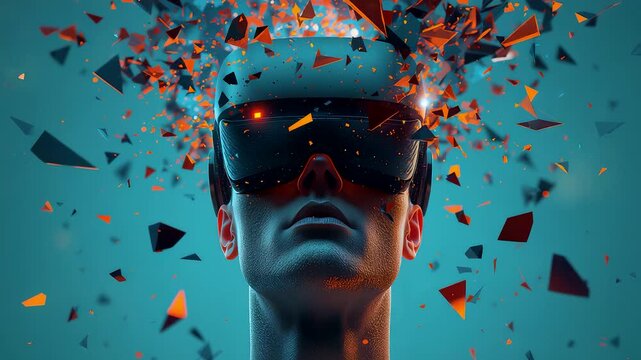 Person in VR headset with colorful fragments exploding from head against teal background