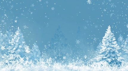 falling snowflakes over blue winter trees