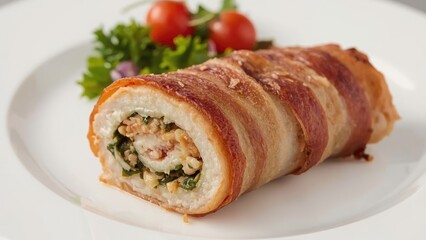 Bacon-wrapped chicken roulade with herbs and vegetables on a white plate, garnished with cherry tomatoes and parsley.
