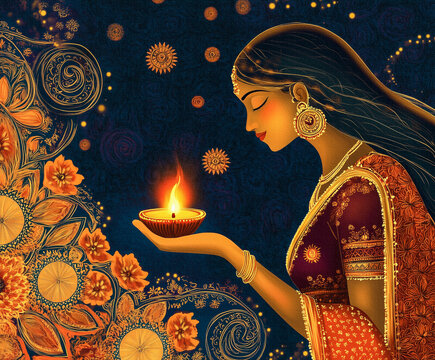 Elegant Indian woman holding a glowing diya, surrounded by floral ornaments, painted on textured canvas style, representing peace, devotion and celebration of Diwali festival of lights.