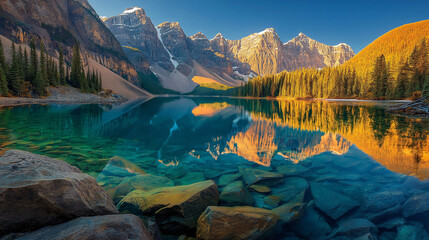 A breathtaking panorama of a pristine alpine lake reflecting jagged mountain ranges and a dense pine forest under a clear blue sky