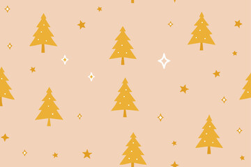 Obraz premium 🎄 A seamless vector pattern with festive pine and fir Christmas trees, stars, and snow for winter holiday celebration decoration and New Year cards
