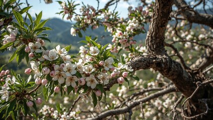 Fototapeta premium Cherry blossom tree in full bloom with pink and white flowers, branches, and green leaves.