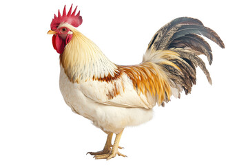 Fototapeta premium White and light brown rooster with raised feathers stands proud in the early morning sunlight on a farm setting