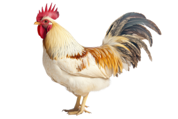 White and light brown rooster with raised feathers stands proud in the early morning sunlight on a farm setting
