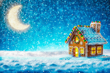 A bright gingerbread house with icing and candy decorations, illuminated by the glowing moon and snowfall on a blue background