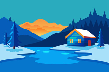 Fototapeta premium Christmas vector illustration of a house in a snowy mountain landscape with a night sky