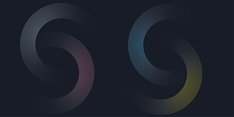 Abstract horizontal banner background with glowing geometric circle. Glowing circle lines on dark blue background. Modern futuristic graphic Suit for poster, banner, brochure, modern arts