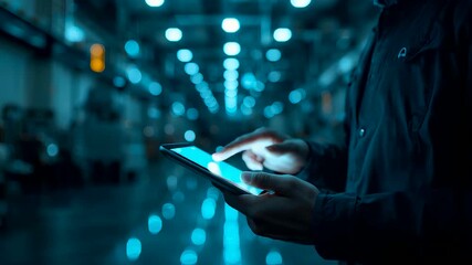 Professional Holding Glowing Tablet in Blurred Industrial Factory with Overhead Lights and Machinery - Powered by Adobe