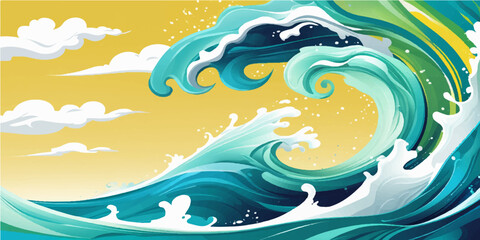 Vector illustration of a happy dolphin jumping out of the blue ocean waves under a summer sun and sky © Foysal