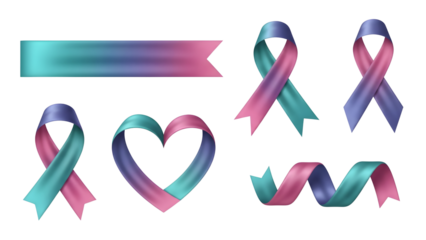 3d Thyroid Cancer Awareness Ribbon Set - Realistic Loops, Banner, and Heart