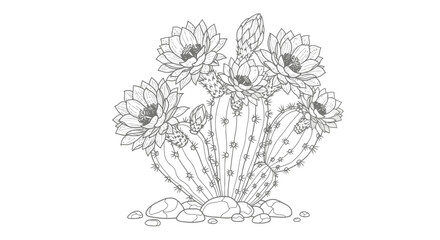 Elegant Cactus Blossom Line Art Illustration, Suitable for Botanical Studies, Coloring Books, or Desert-Themed Designs, for use in educational materials and creative art projects.