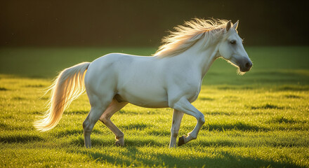 white horse running in the field