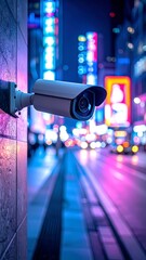 Surveillance camera mounted on a city street at night, capturing vibrant neon lights and urban activity