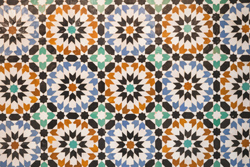 Details of colorful mosaic ornament, at Ben Youssef Madrasa, Marrakesh, Morocco