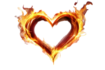 Flaming heart symbol with vivid flames and a transparent background, showcasing a vibrant design that symbolizes passion and love in a dynamic way