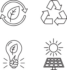 Ecology and energy related icons set. Including sustainability, recycling, green, power, solar, nature, and eco. Editable stroke. outline icons.