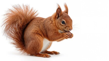 Fototapeta premium A squirrel with reddish fur holding a nut, isolated on white background.