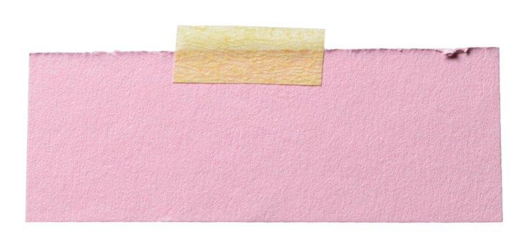Isolated cut out torn piece of pink paper note with rough texture and adhesive sticky tape with copy space for text, transparent png background design element