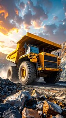 Obraz premium Heavy-duty dump truck navigating rocky terrain under a vibrant sunset in a mining site