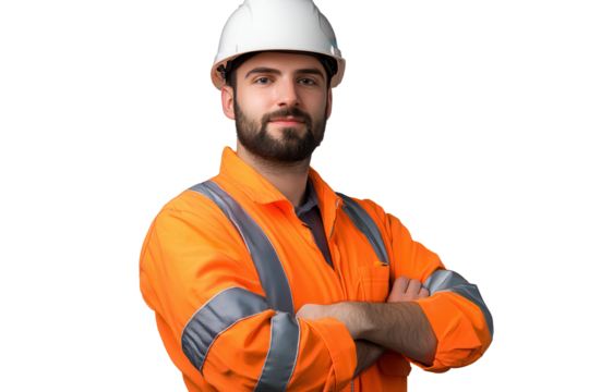 Confident construction worker wearing safety gear poses with arms crossed at the job site during daylight hours