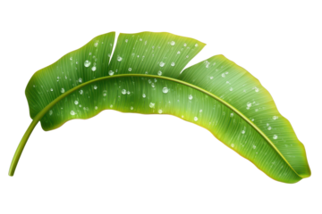 Curved banana leaf adorned with dewdrops isolated on simple background capturing the beauty of nature in a serene setting