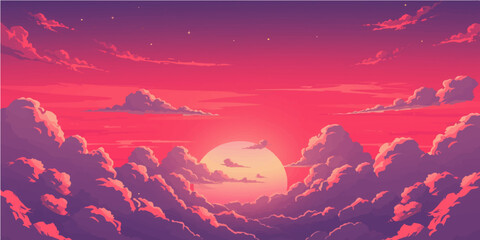 Beautiful sunset colors paint the cloudscape above a winter landscape with the moon and snow in the mountains at dusk