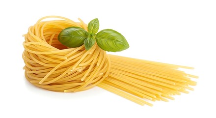 Fresh Spaghetti Nest with Basil Leaves