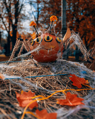 A close-up of a pumpkin creatively carved and decorated to look like a spider. The pumpkin has multiple eyes, illustrating creative fall Halloween decor and holiday spirit.